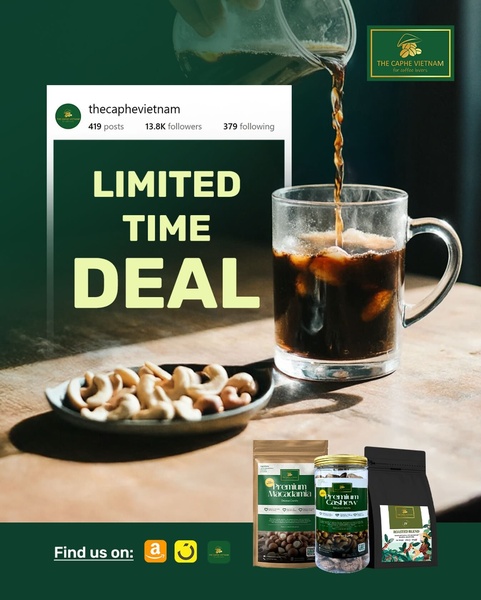 coffee beans, roasted coffee, ground coffee, vietnamese coffee, whole bean coffee, coffee blend, limited time deal, social proof, lifestyle, modern typography, bold, warm, green, brown, neutral